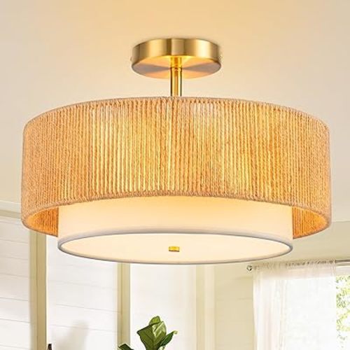 SineRise 16'' Rattan Flush Mount Ceiling Light Fixture,2-Tier Drum Hand-Woven Boho Flush Mount Ceiling Light,Farmhouse Light Fixture for Living Room,Kitchen,Bedroom Foyer Entryway ect.