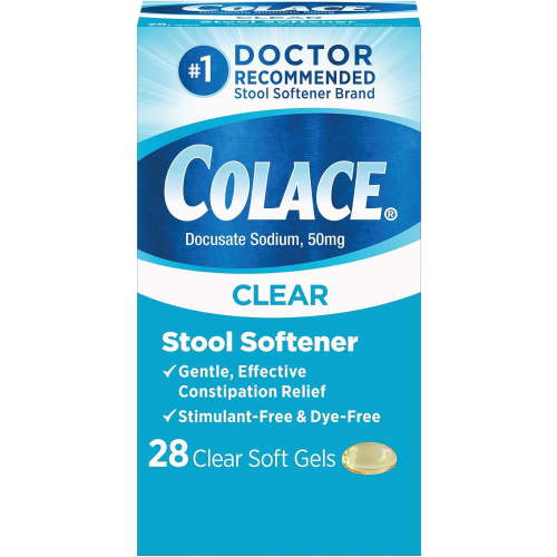 Colace Clear Stool Softener Soft Gel Capsules Constipation Relief 50mg Docusate Sodium, 28 Ct HSA/FSA Eligible