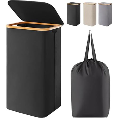Lifewit 100L Laundry Basket with Lid, Clothes Hampers for Laundry with Bamboo Handles and 1 Removable Bag, Large Foldable Laundry Hamper for Bedroom, Bathroom, Dorm, Laundry Room, Black