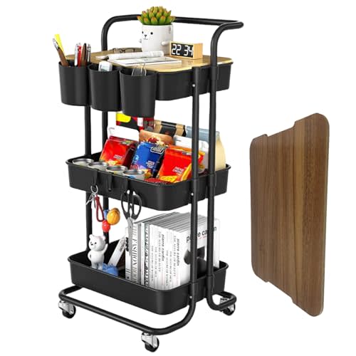 3 Tier Rolling Cart with Metal Handle, Table Top, Hanging Cups, Hooks, Plastic Storage Baskets& Wheels Lockable, Utility Cart for Bathroom Classroom Office Kitchen Pantry Organizers and Storage, Black