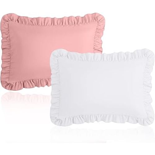 13"x18" Toddler Pillow Cases Set of 2, White & Pink Ruffled Pillow Shams Brushed Microfiber Nursery Pillow Cover for Boys Girls, Soft Breathable Machine Washable
