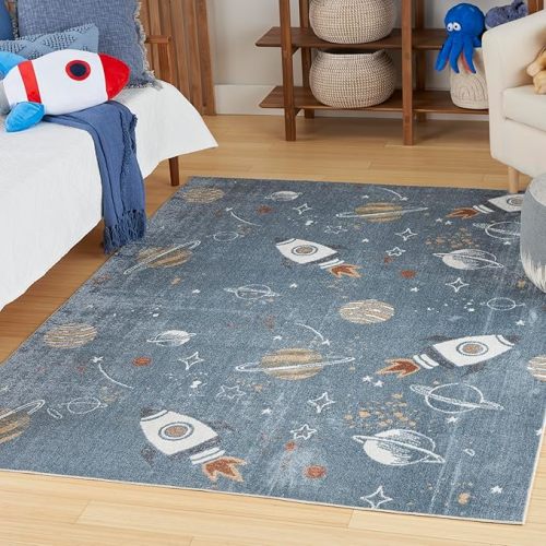 Nourison Astra Machine Washable Blue Multicolor 5'3" x 7' Area Rug - Easy Clean, Non Shedding, Bed Room, Living Room, Dining Room, Kitchen (5' x 7')