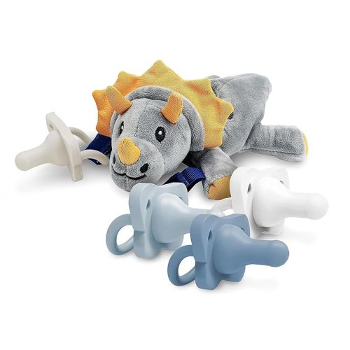 Dr. Brown’s HappyPaci 100% Silicone Baby Pacifier 0-6m, BPA Free 4-Pack with Lovey Soft Plush Animal Teether Holder, Triceratops