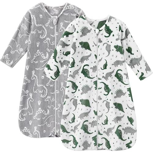 Unnivoll Fleece Baby Sleep Sack 0-6 Months Long Sleeve 2.0 Tog Baby Wearable Blanket with 2-Way Zipper Warm Sleeping Sack for Toddler Infant Newborn - Small Grey White Dinosaur