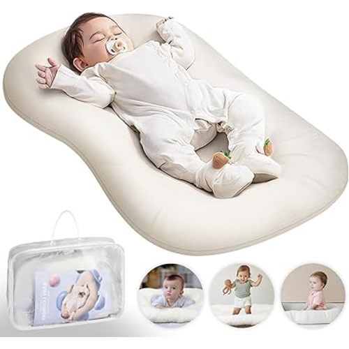 Baby Lounger - Baby Lounger Pillow for Newborn, 0-24 Months, Bionic Design Infant Lounger for Home and Travel, Soft Cotton, Newborn Babies Essentials Gifts, White