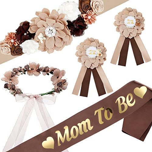 5 Pcs Baby Shower Sash Mom to Be Sash Maternity Kit Daddy to Be Pins Corsage Flower Crown Belly Belt Pregnancy Sash for Bear Theme Gender Reveals Party Favor Decorations Parents Props Gifts(Brown)