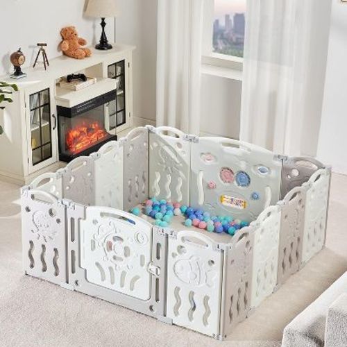 AMERLIFE Baby Playpen, Upgraded Portable Foldable Baby Fence with Game Panel and Safety Gate