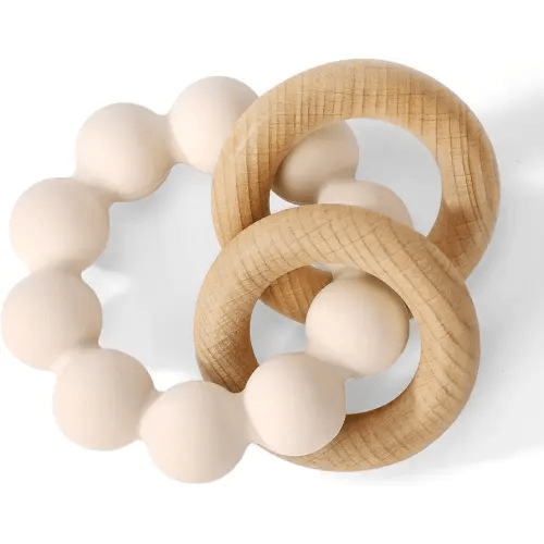 Socub Baby Teething Toys for 0-6 6-12 Months- BPA-Free Food-Grade Silicone & Natural Beech Wood Teether Ring for Newborn Infants Teething Relief- Easy-Grip Sensory Rattle Toys(Shifting Sand)