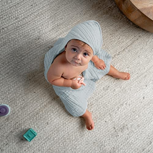 2 Pack Baby Hooded Muslin Cotton Towel for Kids, Large 32” x 32”, Ultra Soft, Warm, and Absorbent. Baby Essentials Bath Towels, Cute Unisex Cover for Girls and Boys by Comfy Cubs (2 Pack, Slate Grey)