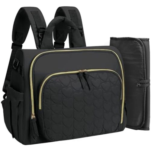 MHOMER Diaper Bag Backpack Puffer Lightweight 3 in 1 Wide Open Small Diaper Bag Tote for Travel with Changing Pad Shoulder Straps, Black