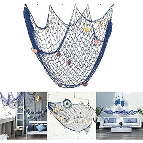 Rosoz Nautical Decorative Fishing Net, Sea Theme Fish Net Decor for Party/Wall Decoration Background,Blue,79inch x 59inch