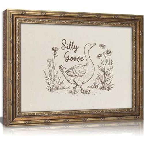 Vintage Gold Framed Silly Goose Wall Art, Funny Goose Wildflower Canvas Print, Rustic Country Animal Picture Wall Decor, Cottagecore Nursery Artwork for Living Room Bedroom