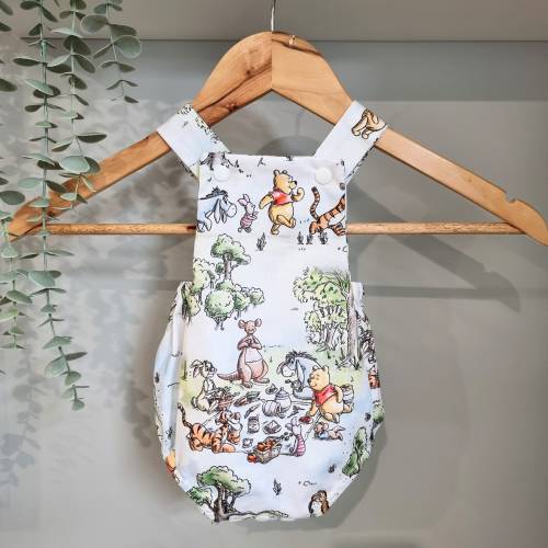 Handmade Baby Overall Romper, Winnie the Pooh Romper, Unisex Baby Romper, Winnie the Pooh, One Hundred Acre Woods, 1st Birthday Romper,