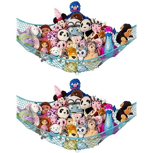 Lilly's Love Stuffed Animal Hammock | Corner Hanging Organizer, Stuffed Animal Storage | Easy to Hang Plushie Net w/Included Anchors & Hooks | Cute Room & Bedroom Decor (Light Blue, 2 Pack)