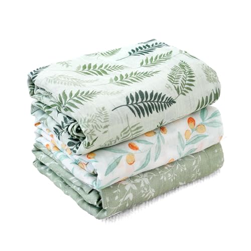 CoolaPeach Muslin Swaddle Blankets for Baby Boys and Girls,3 Pack Breathable Soft Receiving Blanket,Large 43.3X 43.3 inches,Newborn Essentials Must Haves (Leaves)