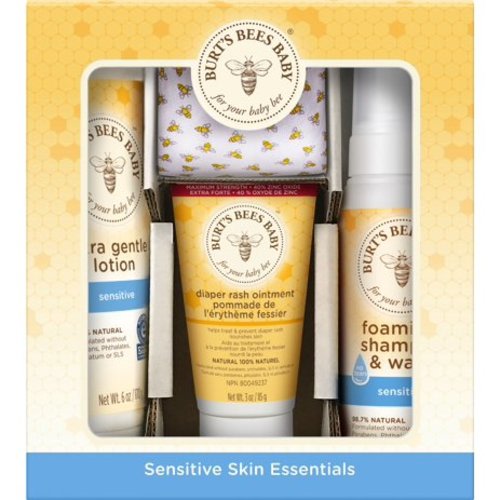 Burt's Bees Baby Sensitive Skin Essentials, Includes Foaming Shampoo & Wash, Ultra Gentle Lotion, Diaper Rash Ointment and 100% Cotton Washcloth, 4 Piece Set