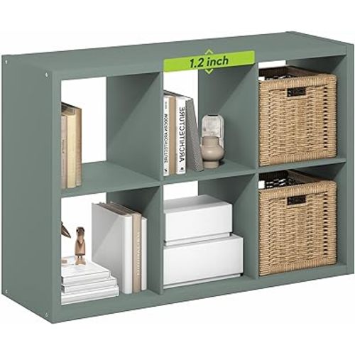 Furinno Cubicle Book Shelf, 6-Cube Bookshelf, Extra Thick Frame Horizontally & Vertically Reversible Bookcase with Open Back, 14.6" x 44" x 30", for Living Room, Bedroom, Home Office, Sage Green
