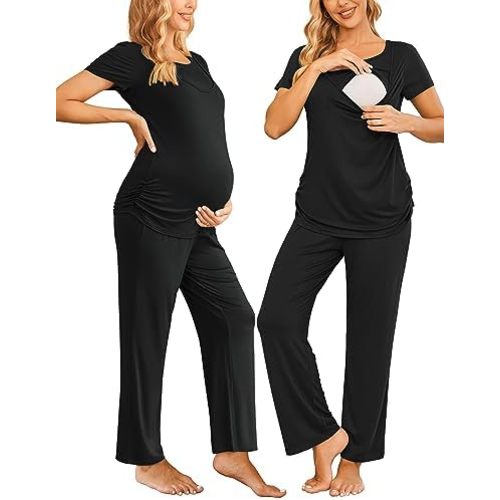 Ekouaer Women Maternity Nursing Pajama Set Breastfeeding Sleepwear Set Short Sleeve Top & Pants Postpartum Pajamas