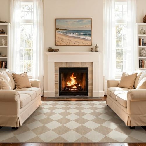 Beeiva Checkered Print Living Room Rugs 8x10, Moroccan Beige Washable Area Rug 8X 10 Non Slip Soft Bedroom Carpet, Geometric Plaid Aesthetic Decor Ultra Thin Large Carpet for Dining Room Office