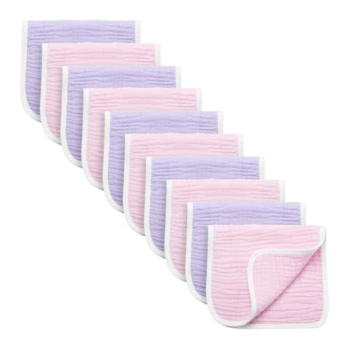 Synrroe Burp Cloths Large, Muslin Burp Cloths for Baby Girls, Pack of 10 Extra Absorbent and Soft Muslin, 6 Layers 20 by 10 Inches 100% Cotton (Pink-Purple 10 Pack)