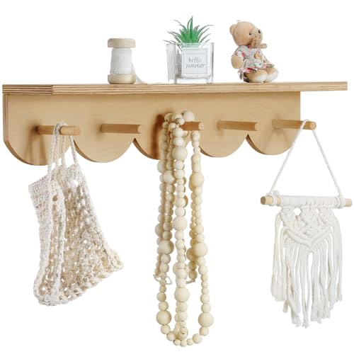 Pinkunn Nursery Floating Shelves with Hooks for Wall Bookshelves Wood Wall Mounted Organizer Hanging Scalloped Bookshelves Nursery Decor for Kids Room, Bedroom and Kitchen