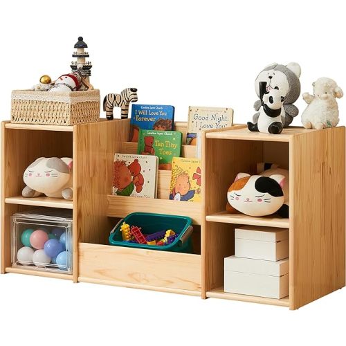 F3C | Montessori Bookshelf and Toy Storage | 3-Section Kids Bookshelf for Organizing Books | 2-Shelf Toy Organizers and Storage cabinet | Natural Wood Bookcase with storage | Kids Organizer