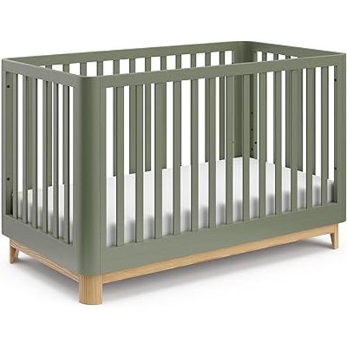 Storkcraft Santos 3-in-1 Convertible Crib (Olive with Natural) – GREENGUARD Gold Certified, Fits Standard Crib Mattress, Converts to Toddler Bed and Daybed, Rounded Details, Designer Edition