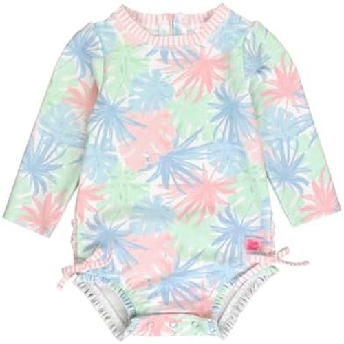 RuffleButts Baby Girls UPF 50+ Sun Protection Floral Printed Long Sleeve One Piece Rash Guard Swimsuit with Zipper