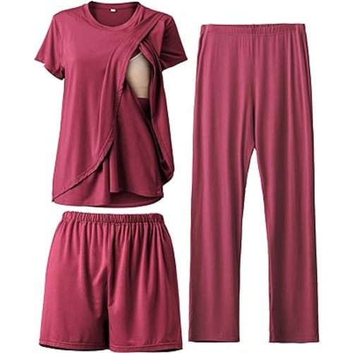 Rnxrbb 3 Piece Postpartum Nursing Pajamas Set Casual Soft Maternity Breastfeeding Pjs Sleepwear Loungewear Clothes Layer