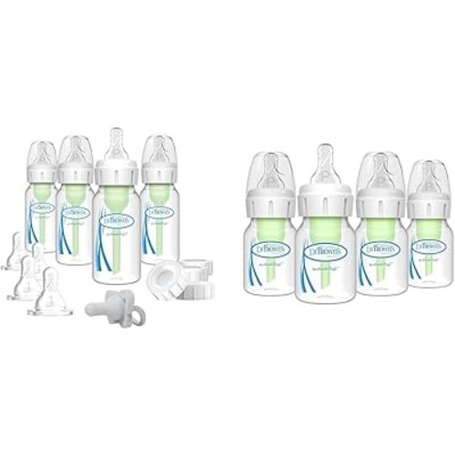 Dr. Brown's Anti-Colic Breast to Bottle Feeding Set with Slow Flow Nipples and Preemie Anti-Colic Baby Bottles, 4 Pack