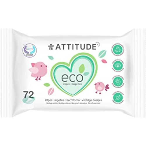 ATTITUDE Biodegradable Baby Wipes, Plant Based Unscented Diaper Wipes for Babies and Newborn, Dermatologically Tested, Vegan, 72 Count