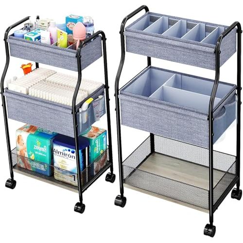 3-Tier Baby Diaper Caddy Organizer and Storage Cart with 4+2 Dividers, Mobile Metal Utility Cart with Rolling Wheels for Nursery Essentials, Large Capacity Rolling Carts for Crib, Bedroom, Bathroom