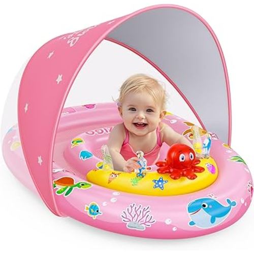EZIGO Baby Pool Float with Canopy UPF50+ Sun Protection, Inflatable Kids Pool Floats with Ocean Animal Toys for Baby 6-36 Months, Infant Swimming Float with Adjustable Safety Seat for Boys Girls