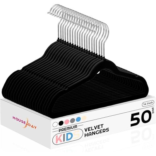 HOUSE DAY Kids Velvet Hangers 50 Pack, Durable Big Kids Hangers 14 Inch Hangers for Youth, Non Slip Kids Felt Hangers, Cute Childrens Hangers for Closet, Kids Black Hangers