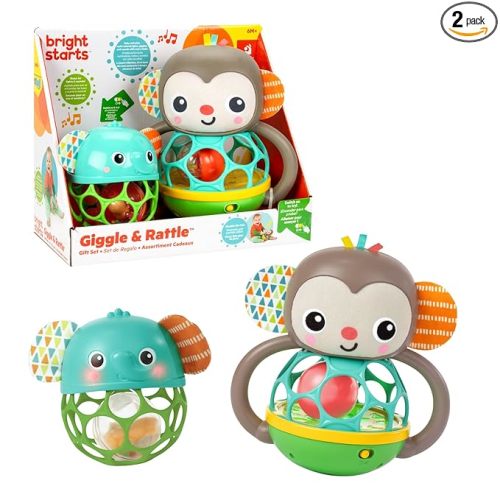 Bright Starts Giggle & Rattle Gift Set - Musical & Sensory Baby Toys 2-Pack, Elephant & Monkey, Unisex, Newborn+