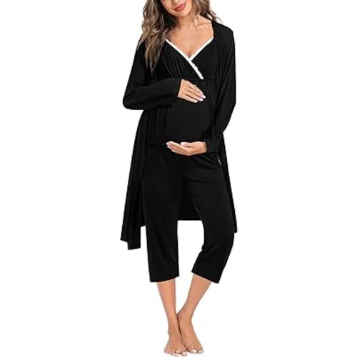 SWOMOG Maternity Nursing Robe Set 3 Piece Breastfeeding Pajamas 3 in 1 Labor Delivery Sleevless Tops&Long Pants Pregnancy Pjs