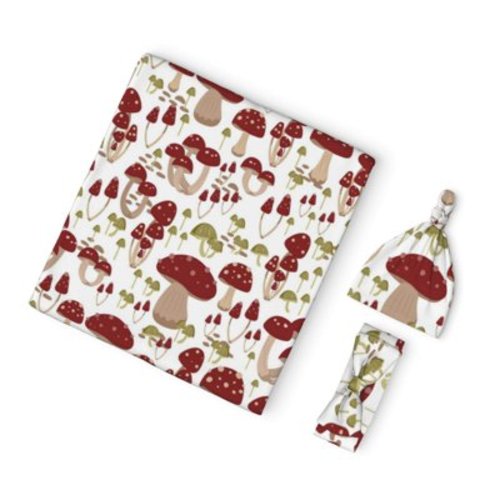 Rocae Mushroom for Newborn Swaddle Set with Matching Beanie Hat and Headband Bow Baby Blanket Set Soft and Cozy Baby Swaddle Nursery Hat
