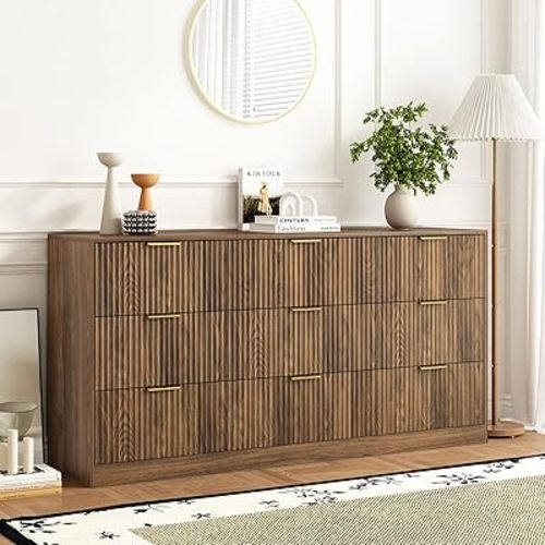 Walnut 9 Drawer Dresser for Bedroom, 63" Wide Wood Chest of Drawers, Modern Fluted Bedroom Dressers Large Dresser with Deep Drawers, Mid Century Long Dresser TV Stand for Living Room, Hallway