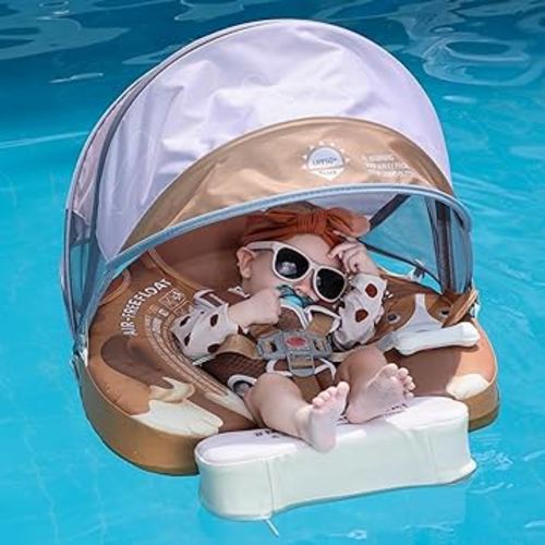 Mambobaby Float with Canopy Baby Float Non Inflatable for Pool, Upgraded Tail Baby Swim Float Soft Skin-friendly Material Infant Swimming Float Air Free Smart Trainer for Aged 3-24 Months, Puppy Brown