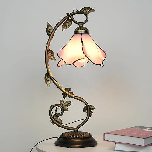 Skyblaze Tiffany Style Table Lamp with Metal Leaf, Stained Glass Desk Lamp, Vintage Night Light, Art Deco Reading Light with Handmade Lampshade for Nightstand Living Room (Pink)
