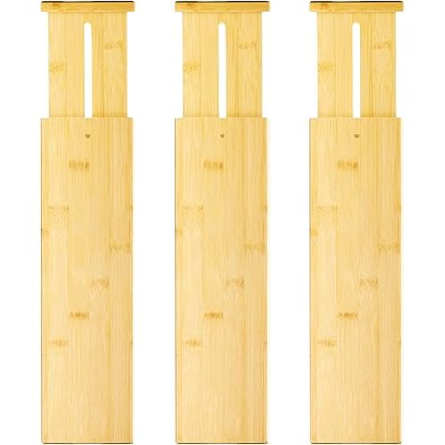 VaeFae 3 Pack Bamboo Drawer Dividers, 4" High Adjustable 16.6" - 21.8" Clothes Drawer Organizers, Expandable Separators for Bedroom/Bathroom/Kitchen/Office Storage