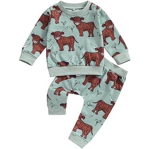 Western Baby Boy Girl Clothes Highland Cow Print Outfit Long Sleeve Sweatshirt Top Elastic Waist Pants Outfit Set