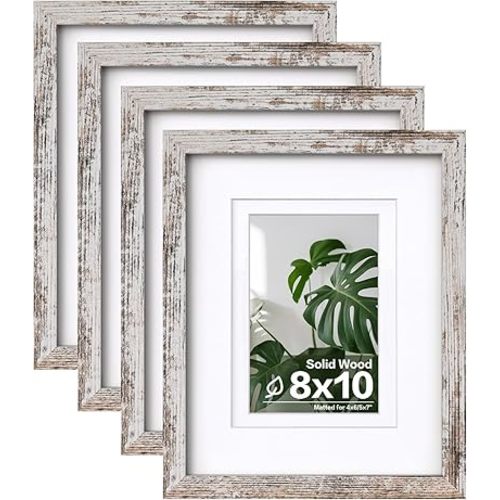 Egofine 8x10 Picture Frames Set of 4, Made of Solid Wood Covered by Plexiglass 4x6 and 5x7 with Mat or 8x10 without Mat, for Table Top Display and Wall Mounting Photo Frame Rustic White