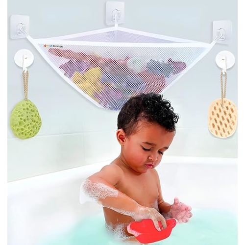 Mesh Bath Toy Holder - Kids Bath Toy Net for Tub, Bathtub Toy Holder Basket, Corner Bath Toy Storage Bin Hammock Organizer, Shower Caddy Hanging Bag - Baby Bathroom Toys Storage with Suction Cup Hooks