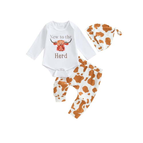 Infant Baby Girl Autumn Outfits Long Sleeve Cow Print Romper+Pants+Headband Set