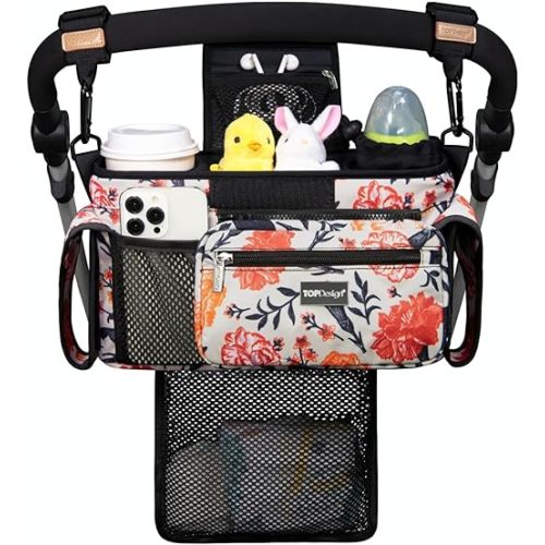 TOPDesign Universal Baby Stroller Organizer, Stroller Caddy with Detachable Mesh Bag & Heightened Insulated Cup Holders & Non-Slip Secure Hooks Accessories, Fits Most Strollers (Trumpet Vine)