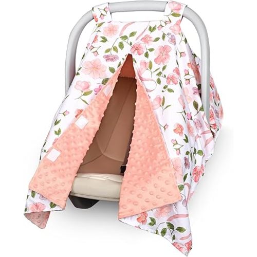 TANOFAR Baby Carseat Canopy, Peekaboo Opening Car Seat Canopy for Babies, Soft and Breathable Infant Carrier Canopy, Multi-use Baby Carrier, Stroller, Nursing Cover, Minky Blanket, Pink Bow