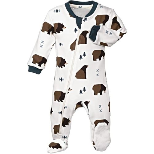 zippyjamz – Zipper Organic Sleeper Footed Onesies Sleeper Baby Pajamas with Inseam Zipper - Little Grizzle - 0-3 Months