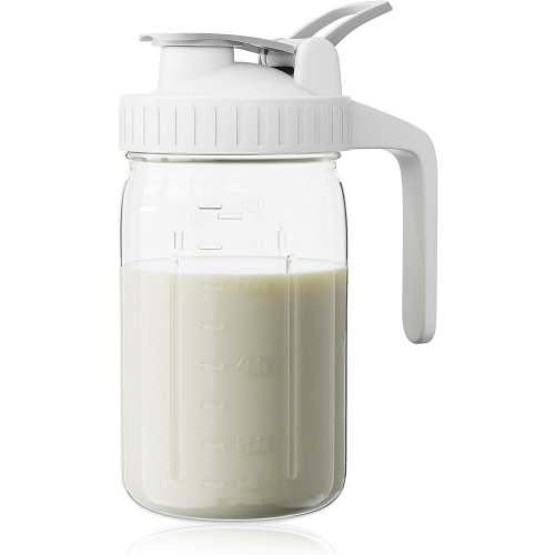 Breast Milk Pitcher, Mason Jar 32 oz, Heavy Duty Wide Mouth Jar with Purple Flip Cap Lid and Pour Spout, Formula Pitcher Airtight Seal for Freshness and Convenience, Great for Cold Beverages