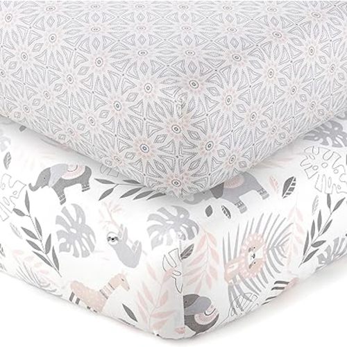 Levtex Baby - Imani Crib Fitted Sheet Set of 2 - Fits Standard Crib and Toddler Mattress - Tossed Animals/Medallions - Pink, Grey, Taupe, White - Nursery Accessories - 100% Cotton
